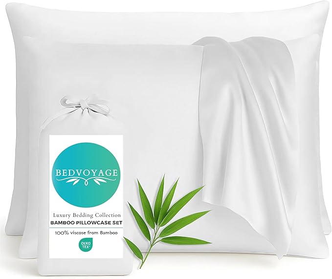 BedVoyage Ultra Soft Standard Pillowcase Set, Cooling & Breathable, Silky & Gentle to Skin and Hair, Luxury 100% Viscose Derived from Bamboo, 20x26 Envelope Closure, 2pc Set, Standard – White