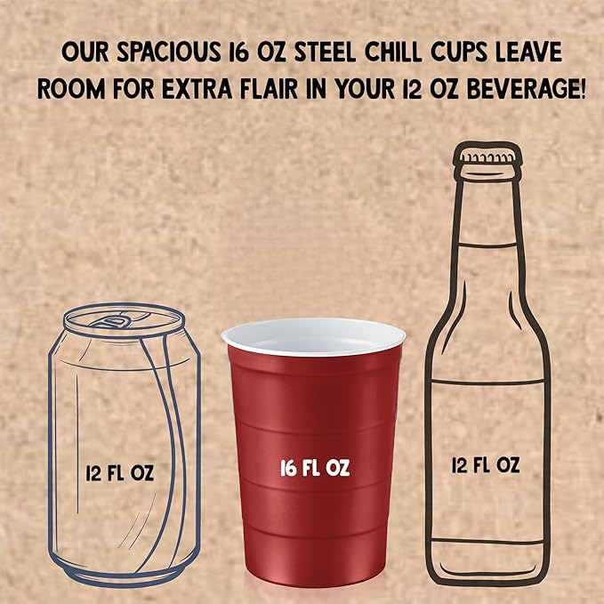 Steel Chill Cups 16 oz. Party Cups, Perfect for Cold Drinks, Sturdy & Durable, Disposable and 100% Recyclable, Made in USA, Red, 12 Count