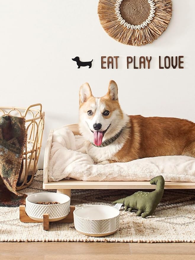 LE TAUCI PET Ceramic Dog Bowl Set, 4 Cups Food and Water Bowl for Medium Small Dogs, Cute Pet Dishes with Wood Stand, Rhombus+Wave Design (Set of 2)