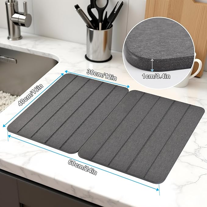 Stone Drying Mat for Kitchen Counter, 2-Pack 16"x12" Fast Drying Stone Dish Mat, Double-Sided Diatomaceous Earth Dish Drying Mat, Highly Absorbent Eco-Friendly Kitchen Mat (Gray, Vertical Stripes)