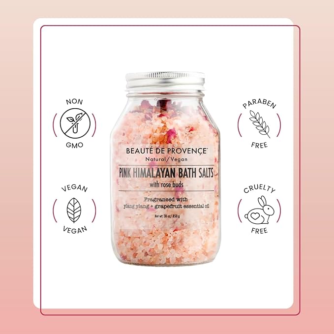 Beaute DE Provence Pink Himalayan Bath Salt with Rose Petals - 100% Natural Aromatherapy & Relaxation - Ylang Grapefruit Essential Oil Bath Salts for Women - Cruelty-Free, Revitalize & Soothes Skin