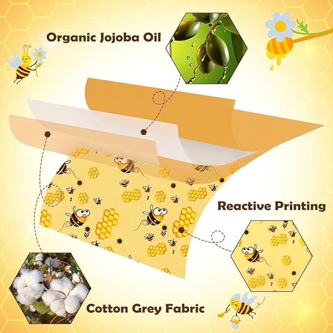 Fanfanwin 3 Rolls Beeswax Wraps for Food Reusable 13 x 39 Inch Cut to Size Beeswax Wraps for Food Organic Sustainable Biodegradable Zero Waste Plastic Free Foods Storage (Bees, New Beehive, Flower)