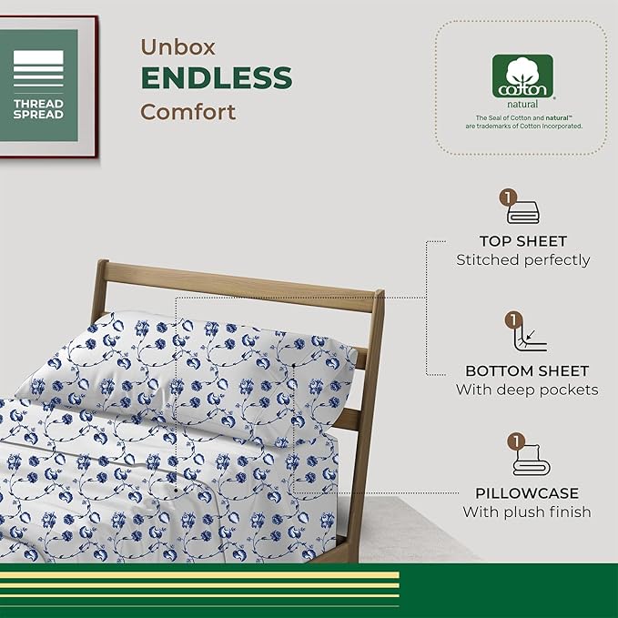 THREAD SPREAD 100% Organic Cotton Sheets Twin XL Size - Organic Cotton Percale Weave Sheet Set (3 PC, Floral Blue), Soft, Cooling, Crisp & Breathable, 16" Deep Pocket Hotel Quality Bedding Set
