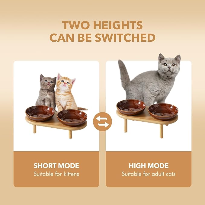 Havniva Elevated Cat Bowls Raised Ceramic Cat Bowl, 5.7” Wide Opening Cat Food Bowl Whisker Friendly Cat Dish Anti-Slip with Bamboo Stand, Shallow Pet Food & Water Bowl for Indoor Cats