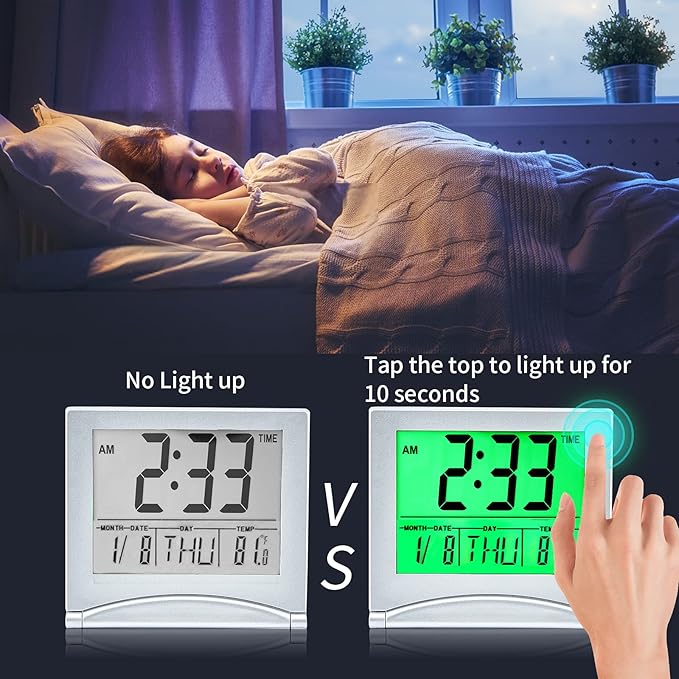 KANBIT Small Digital Travel Alarm Clock Battery Operated, Portable LCD Large Display Alarm Clock with Backlight, Temperature Desk Clock -Silver(Green Light)