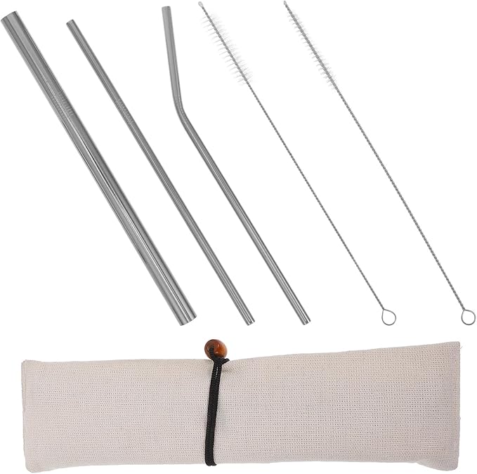 FOMIYES Reusable Stainless Steel Straws Set with Gold Plated Thick Bent and Straight Straws Silver 6pcs Kit for Smoothies and Drinks