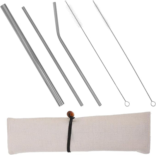 FOMIYES Reusable Stainless Steel Straws Set with Gold Plated Thick Bent and Straight Straws Silver 6pcs Kit for Smoothies and Drinks