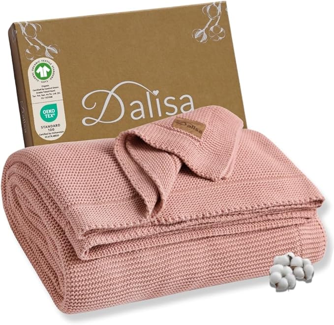 Dalisa 100% Organic Turkish Cotton Throw Blanket - GOTS Certified, Cozy - Perfect for Couch, Bed, and Home Decor - Boho Vintage Knit Alina (Pink, 50x60)
