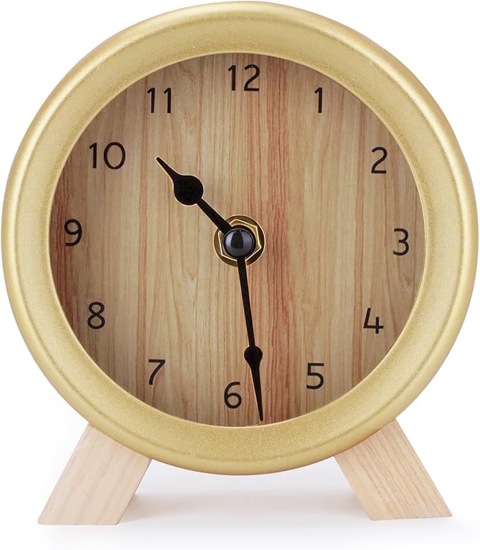 Maxspace Wooden Analog Clock, Small Silent Bedside Desk Clock Battery Operated, Elegant and Decorative Table Clock with Wooden Frame for Living Room, Bedroom, Bedside, Desk (Gold)