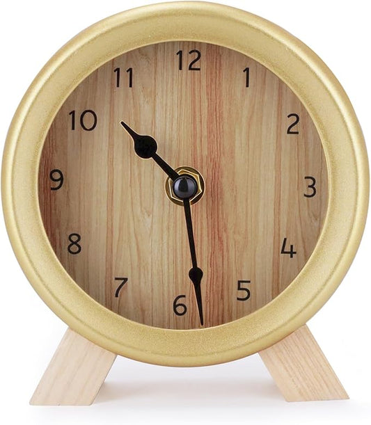 Maxspace Wooden Analog Clock, Small Silent Bedside Desk Clock Battery Operated, Elegant and Decorative Table Clock with Wooden Frame for Living Room, Bedroom, Bedside, Desk (Gold)