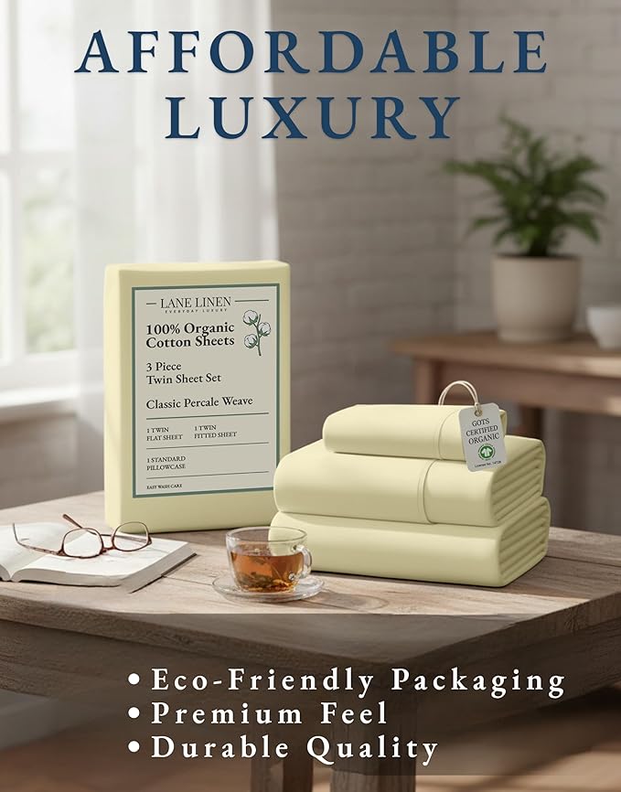 LANE LINEN 100% Organic Cotton Twin Bed Sheet Set, Soft, Comfy & Breathable Hotel Style Percale Bedding Sheets & Pillowcases Set, Mercerized Cotton Fully Elasticized Sheets Twin- Vanilla