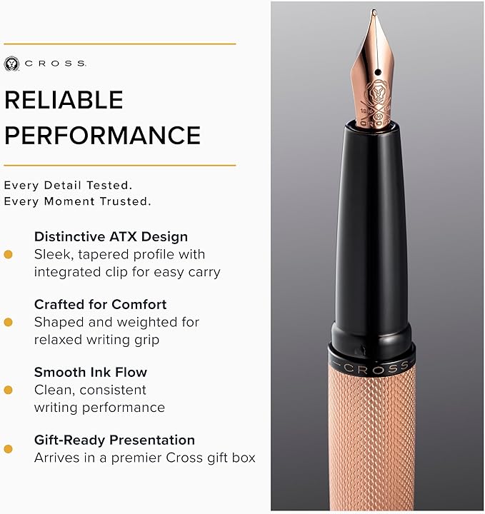 Cross ATX Brushed Rose Gold Stainless Steel Fine Nib Fountain Pen - Refillable Pen for Smooth Writing - Black Ink - Comfortable Grip - Long-Lasting - Professional Office Supplies