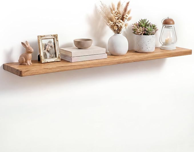 Fun Memories 55 Inch Floating Shelf, 8 Inch Deep Rounded Edge Extra Long Solid Elm Wood Shelf with Hidden Bracket, Floating Wall Shelf for Living Room & Fireplace