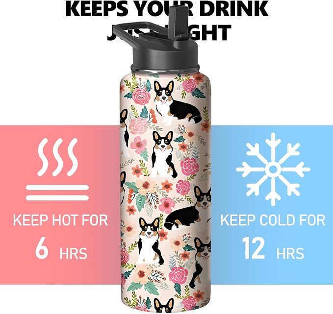 40oz Corgi Water Bottle with Handle and Flip Straw, Dog Animal Sports Stainless Steel Insulated Cup Travel Coffee Mug Tumbler, Birthday Mothers Day Chritmas Gifts for Women