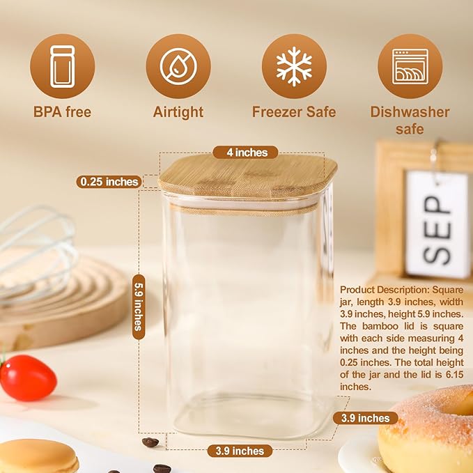 3-Pack Square Glass Containers with Bamboo Lids, 32 fl oz Candy Jars | 32 fl oz/946 ml Airtight Canister Set, Clean & Elegant Storage Jars for Candy, Coffee, Tea, Sugar, Flour, Cookies, Spices