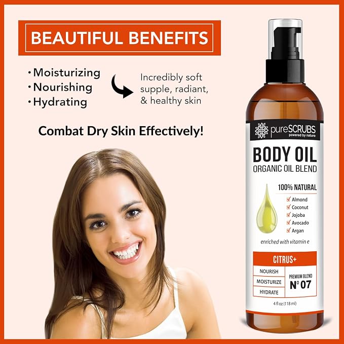 pureSCRUBS Ultra Moisturizing Citrus Body Oil for Dry Skin, 4 oz | Luxurious After Shower Body Oil for Soft, Silky, Glowing Skin, Non-Greasy, Fast Absorbing & Hydrating Formula with Vitamin E