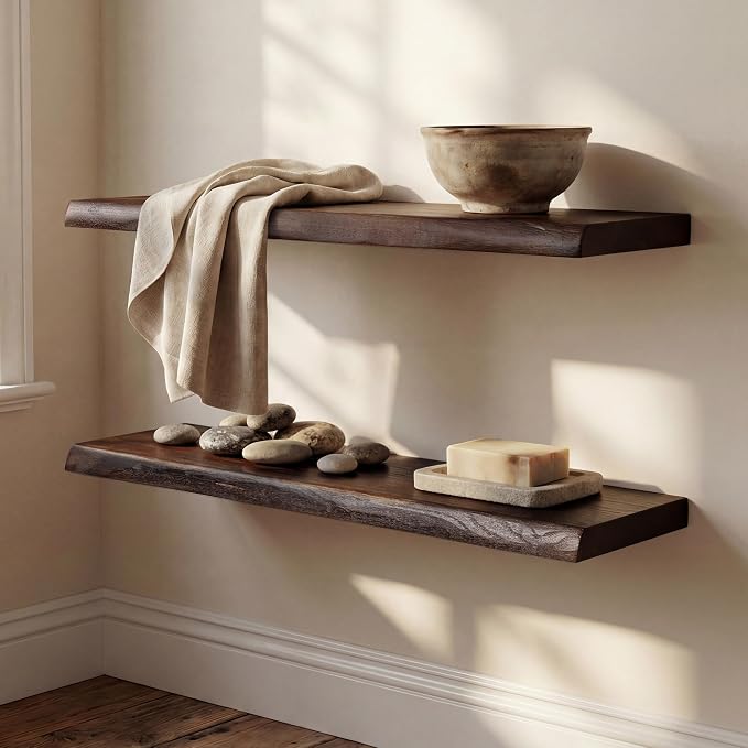 36" Live Edge Floating Shelves, Solid Elm Wood Shelf, Set of 2 | 1.4"Extra Thick, 9.3" Deep Heavy Duty Storage, FSC Certified Rustic Brown Finish for Kitchen & Coffee Bar