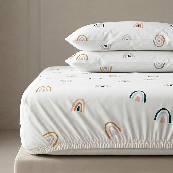 MakeMake Organics Organic Queen Fitted Sheet Set GOTS Certified Organic Cotton Fitted Sheet with Pillowcase Ultra Soft Non Toxic Breathable Hypoallergenic Colorful Neutral (Queen, Rainbow)