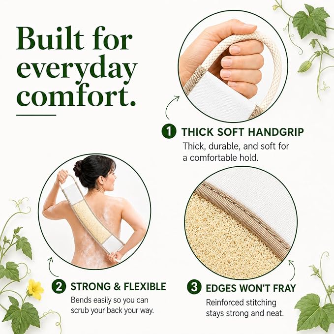 Natural Loofah Exfoliating Body Scrubber, Loofah Bath Sponge, Luffa for Women and Men, 100% Biodegradable Compostable, Dye Free, Zero Waste Eco Friendly Sustainable (Back Scrubber Pack 1)