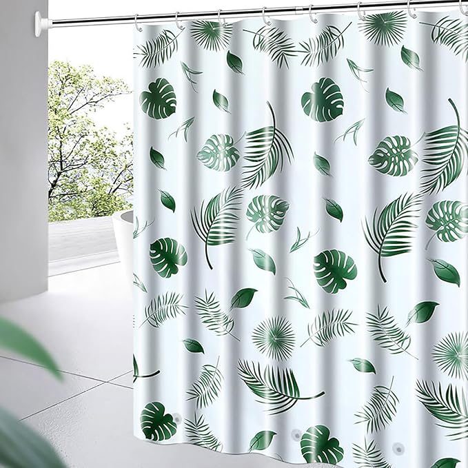 TIKABC Shower Curtain Liner, 4G PEVA Shower Liner, Plastic Waterproof Shower Curtains, with Grommet Holes and 3 Magnetic Weights(Green Leaf)