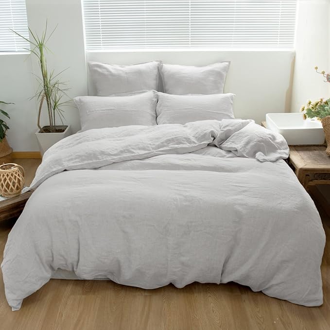 Simple&Opulence 100% Linen Duvet Cover Set 2pcs Basic Style Natural French Washed Flax Solid Color Soft Breathable Farmhouse Bedding with Button Closure - Light Grey, Twin