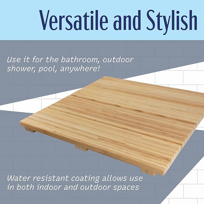 BambooMN Bamboo Bath Mat for Bathroom, Spa, Outdoor Shower, Extra Large Square (24" x 24" x 1.3"), Anti-Slip, Water Resistant Coating - 2 Pieces