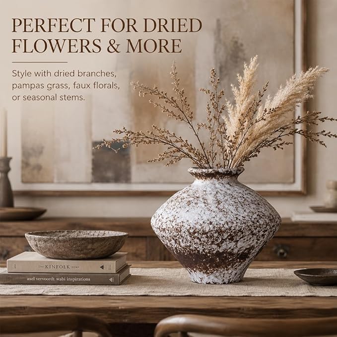Large Wabi Sabi White Vintage Ceramic Vase, 10.6" Rustic Pottery Vase for Centerpieces, Textured Decorative Flower Vases for Table, Living Room, Bedroom, Bathroom, Kitchen, Farmhouse Home Decor Gifts
