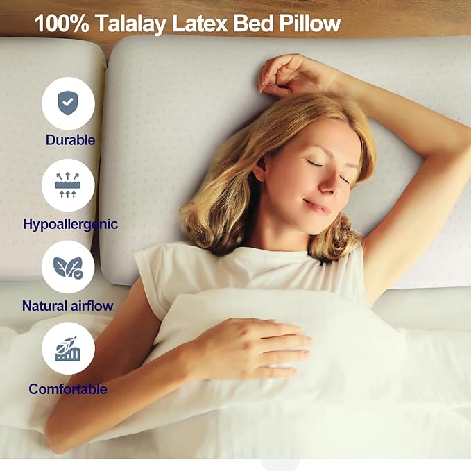 100% Natural Talalay Latex Pillow for Sleeping with Removable Cotton Cover, Premium Soft Bed Pillow Helps Relieve Pain and Pressure, Suitable for Side Back or Stomach Sleepers (Standard (Low Loft))