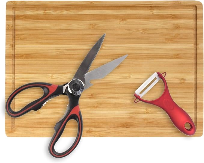 BambooMN Bamboo Cutting Board - 13" x 9" x 0.40" w/Kitchen Scissors Set (Scissor & Peeler) - Red & Black - 3 Sets