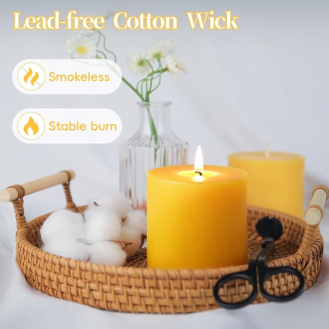 2 Pack Natural Beeswax Pillar Candles,100 Hours Burning Bees Wax Candles for Home, 100% Pure Beeswax Candle for Emergency, Prayer, Smokeless, Non-toxic-3X3 in