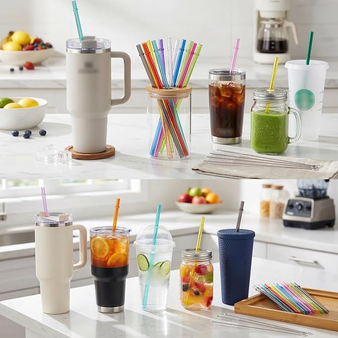 24 Pack Reusable Tritan Straws with 4 Cleaning Brushes, 10.5 Inch Hard Plastic Drinking Set, 12 Colors, BPA Free Dishwasher Safe, for Tumblers, Iced Coffee, Smoothies, Cups and Jars