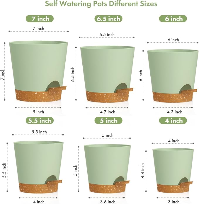 WSMKSZ 7/6.5/6/5.5/5/4 inch Self Watering Pots for Indoor Outdoor Plants, 6 Pack Plastic Flower Planters with Drainage Holes and Removable Saucers, Plant Pots with Wicking Rope, Green Brown