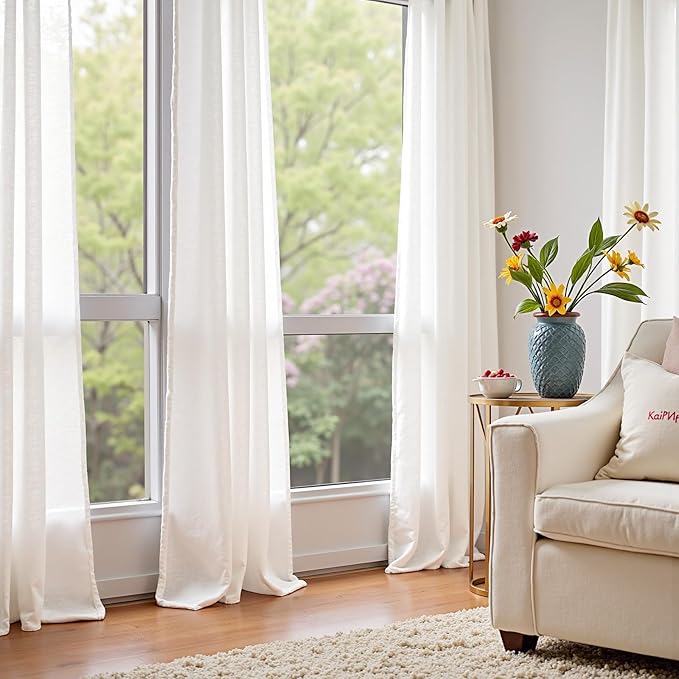 jinchan Linen Blend Curtains 96 inch Length 2 Panels for Bedroom Living Room, Floor to Ceiling 60 inch Wide Farmhouse Drapes with Rod Pocket Back Tab(60W x 96L, Off White)