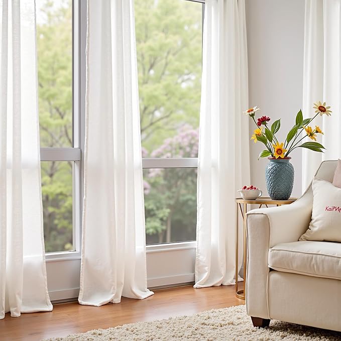 jinchan White Linen Curtain 96 Inches Long for Sliding Glass Door, Extra Wide 100 Inch Farmhouse Semi Sheer Ceiling Curtain Living Room Light Filtering Grommet Farmhouse Rustic Drape, 100"x96" 1 Panel