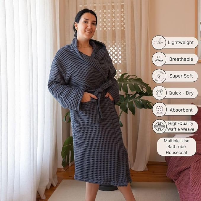 Unisex Hooded Waffle Robe for Women & Men 100% Turkish Cotton | Quick-Dry Bathrobe | Cozy Housecoat for Lounging