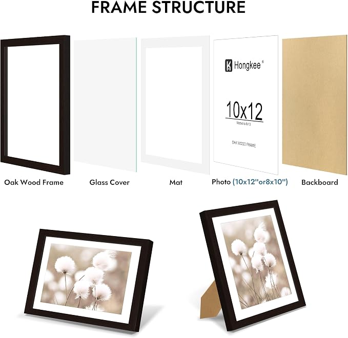 Hongkee 10x12 Oak Wood Picture Frame 1 Pack(Matted 8x10), Real Glass Cover | Black, 10 x 12 Solid Wood Frame for Wall or Tabletop Display - Includes Easel Back, Vertical Hang - Ideal for Home, Office