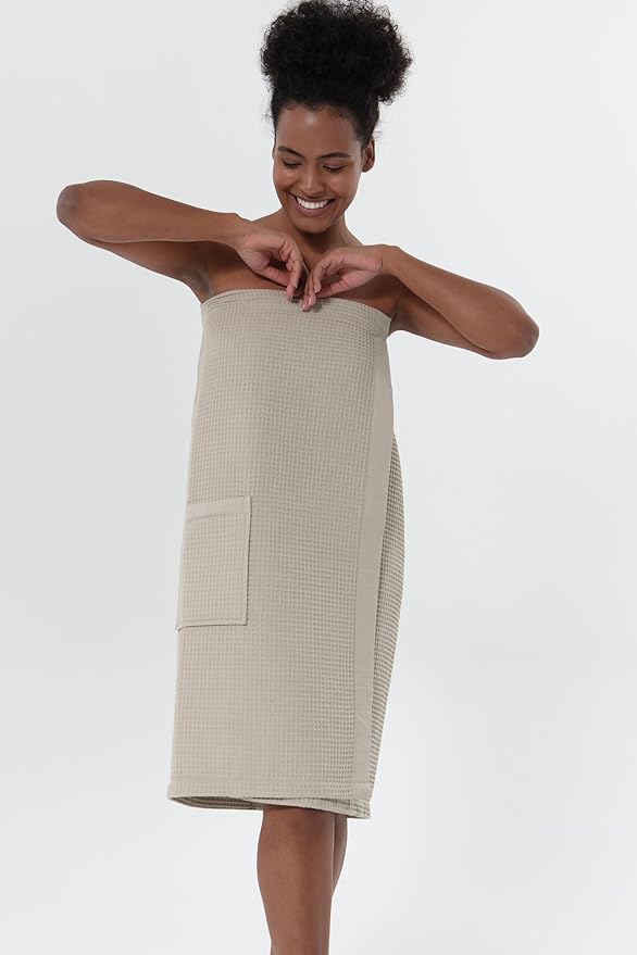 SEYANTE Women's Organic Waffle Spa Wrap, GOTS Certified 100% Turkish Cotton, Lightweight Bath Towel Wrap Adjustable Closure