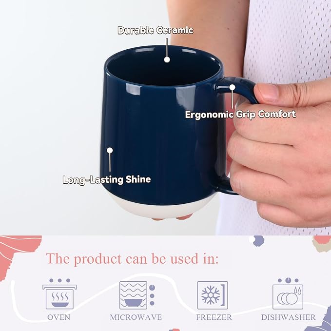 Miicol Ceramic Coffee Mug, 16 oz Large Coffee Cup, Tea Mug with Handle, Flat Bottom Mug for Men, Women, Office, Microwave and Dishwasher Safe, Multi-Color, Deep Ocean Blue