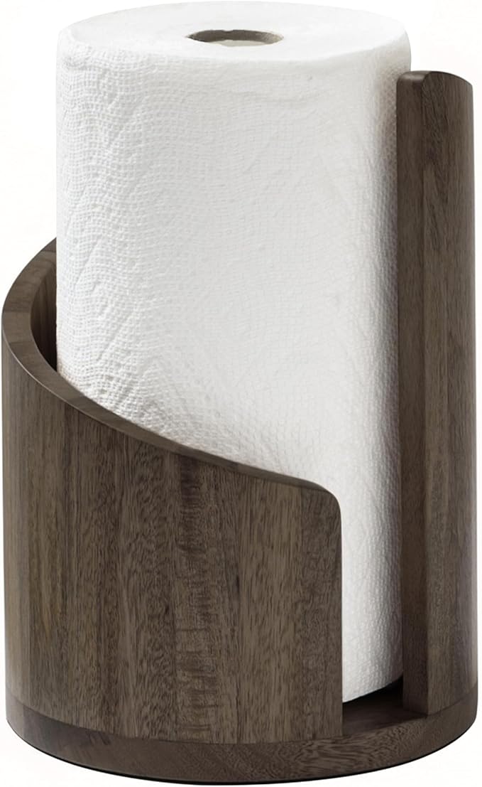 Anji Mountain Wooden Paper Towel Holder Countertop with Mango Wood Round Base and Iron Holder, Holder Stand for Kitchen Roll Organizer & Kitchen Dining Table Home Decor - Chocolate/Black, Classic