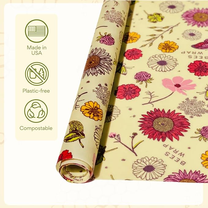 Bee's Wrap Beeswax Wraps for Food - Cut to Size 14x52" Beeswax Wrap Roll - Plastic Free Made in USA Reusable Natural Food Wrap - Meadow Magic