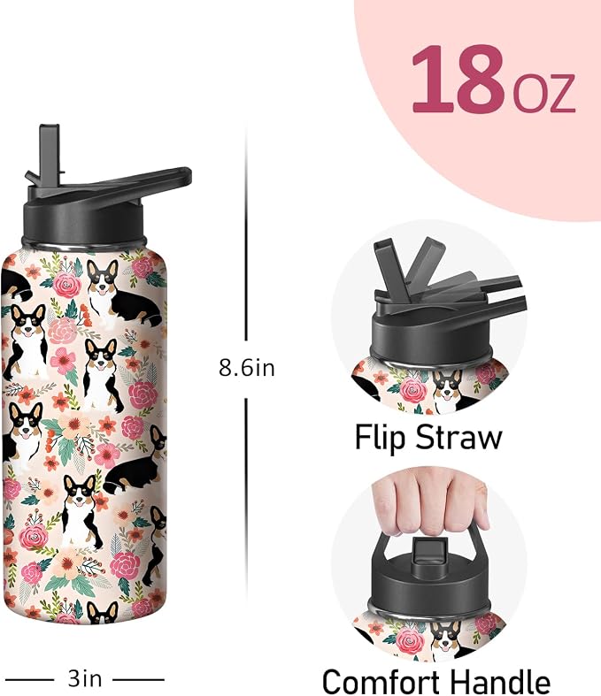 18oz Corgi Water Bottle with Handle and Flip Straw, Dog Animal Sports Stainless Steel Insulated Cup Travel Coffee Mug Tumbler, Birthday Mothers Day Chritmas Gifts for Women