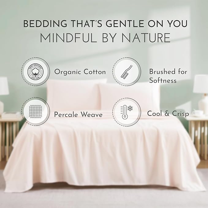 Linen Closet 100% Organic Cotton King Size Sheets Set - 4Pcs Percale Weave Cooling Bed Sheets for Hot Sleepers - 16" Deep Pocket Fitted Sheet - Crisp, Breathable & Brushed for Softness - Pale Pink