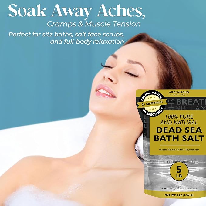 Aromasong Dead Sea Bath Salt - 100% Pure & Natural Dead Sea Salts for Soaking Fine Grain 5 LB - Bulk Resealable Pack - Used for Body wash Scrub - Soak for Women & Men.
