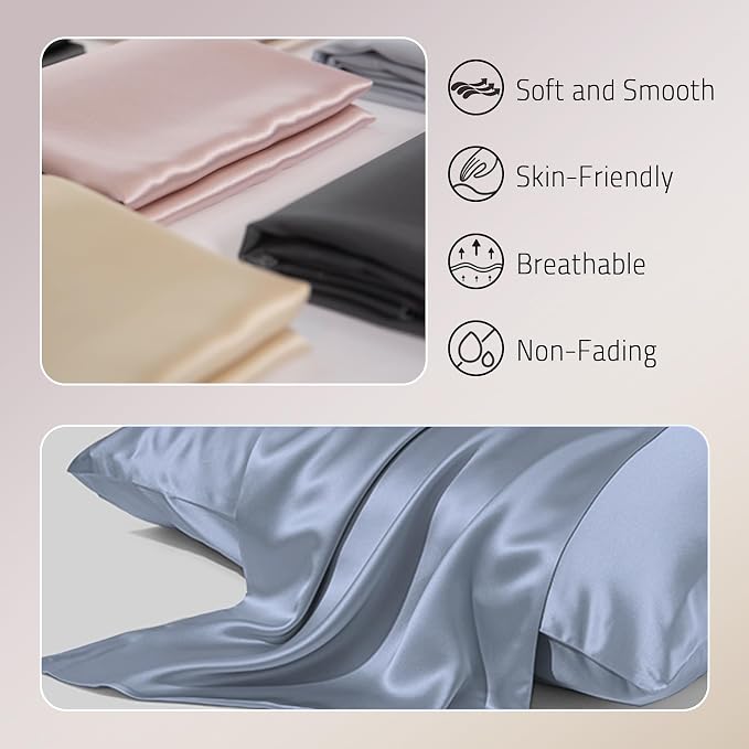 Gabire Mulberry Silk Pillow Cases Set of 2, Both Sides Real Silk Pillow Cover for Hair and Skin Cool Pillowcase Organic Silk Pillowcase 2 Pack with Hidden Zipper, Dusty Blue, Queen (20"×30")