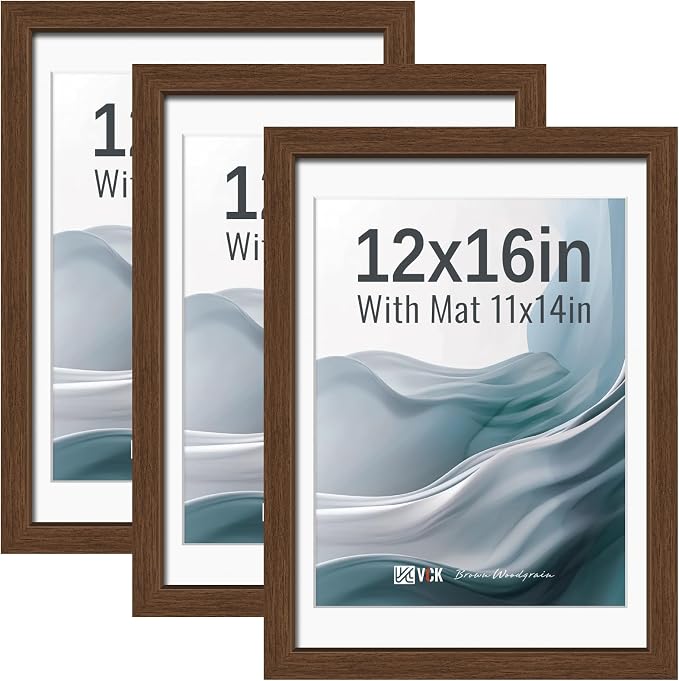 VCK 12x16 Picture Frames Brown 3 Pack, Wide Border Wood, Tempered Glass, Display 11x14 Photo with Mat or 12 x 16 without, for Home, Office, Gallery, Woodgrain Series, Wall Hanging