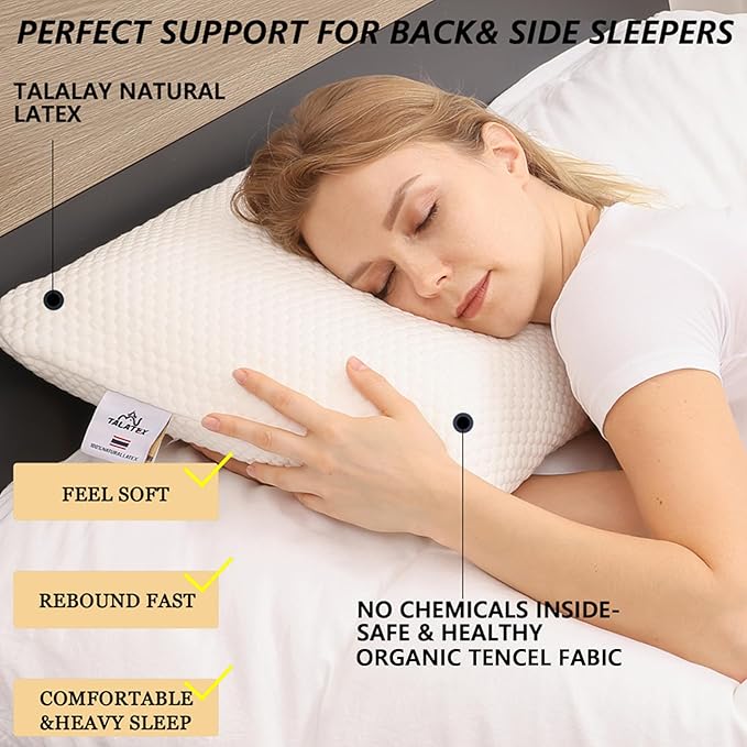Talatex 100% Natural Premium Talalay Latex Pillow, Purefusion Talalay Latex Helps Relieve Pressure, No Memory Foam Chemicals for Side and Back Sleepers, Perfect Package Best Gift with Removable Cover