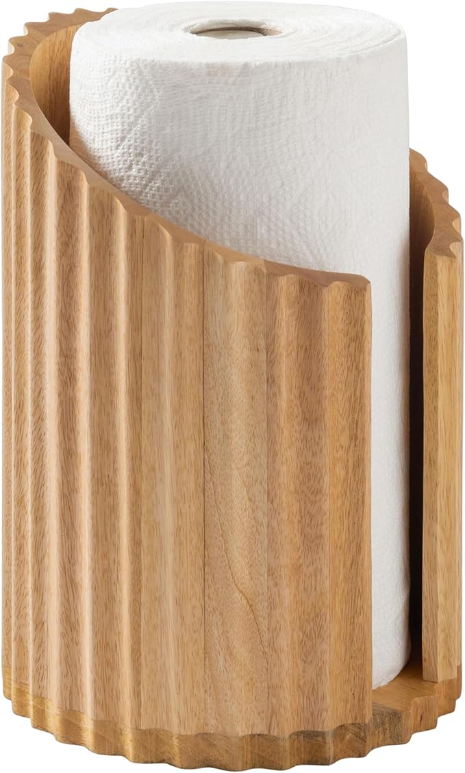 Anji Mountain Wooden Paper Towel Holder Countertop with Mango Wood Round Base and Iron Holder, Holder Stand for Kitchen Roll Organizer & Kitchen Dining Table Home Decor - Mango/Gold, Fluted