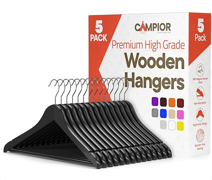Black Wooden Hangers 5 Pack – Heavy-Duty with 360° Swivel Hook, Non-Slip, Pants Bar & Shoulder Grooves - Wooden Hangers for Suits, Jackets, Dresses & Camisoles, Space-Saving and Smooth Finish