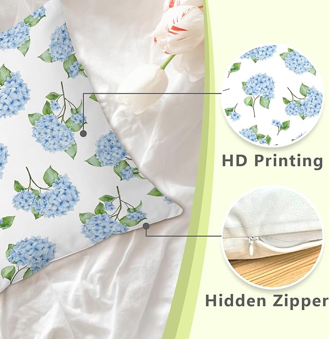 Blue Hydrangea Floral 18x18 Pillow Cover, Farmhouse Cottage Core Hydrangea Flower Botanical Decorative Throw Pillow Cover for Home Bedroom Living Room