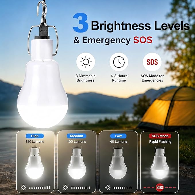 Chicken Coop Light with Timer, Dusk to Dawn Rechargeable Solar Light Bulbs for Indoor Home, Outdoor Camping Lamps for Tent, LED Solar Lights for Shed Night, Emergency Power Outage, Outside
